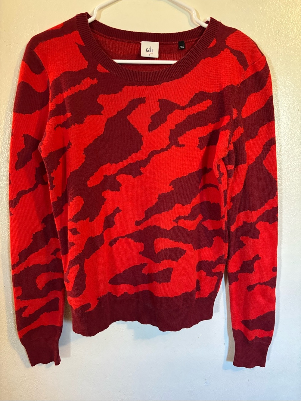 CAbi Red and Burgundy Abstract Crewneck Sweater
